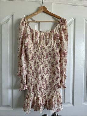 NWT CISTAR Floral Smocked Mini Dress Cream Pink Long Sleeve Size M